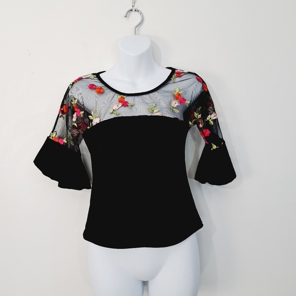 Cheeky USA Sheer Panel Trumpet‎ Sleeve Floral Embroidered Top